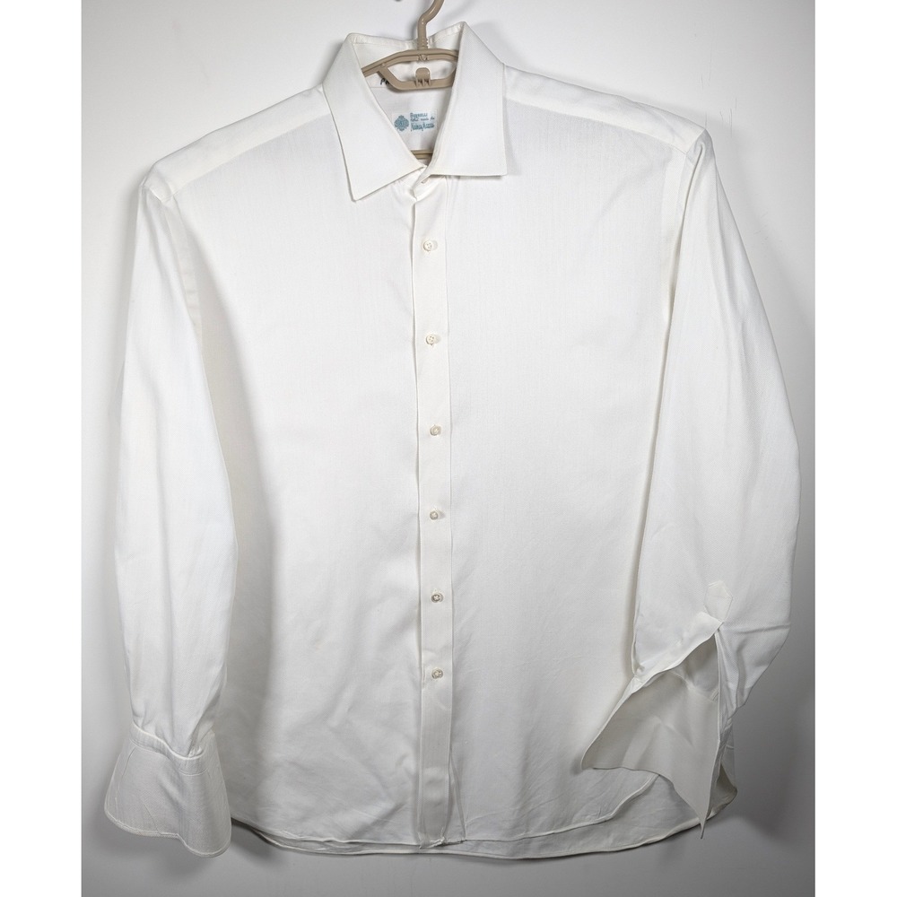 Vintage 90s Borrelli Mens Dress Shirt Herringbone White Cotton French Cuff 18 45